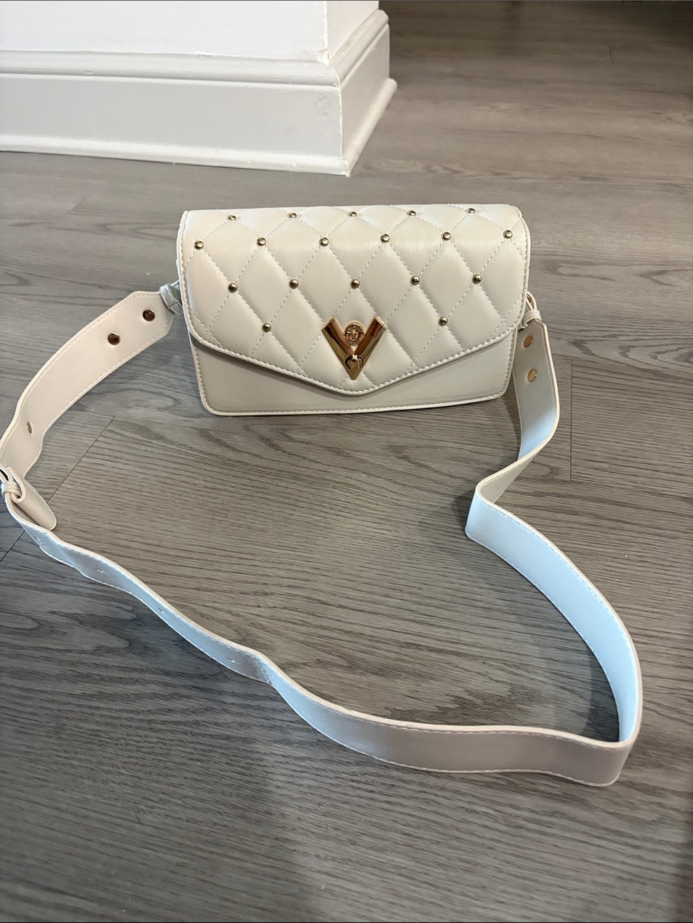 Valentino Orlandi White Quilted Studded Crossbody with Gold V-Lock